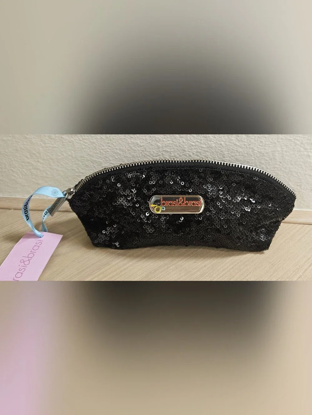 BRASI & BRASI GEMAN SEQUIN BLACK GOLD SPARKLY MAKEUP PEN CASE TRAVEL BAG CLUTCH